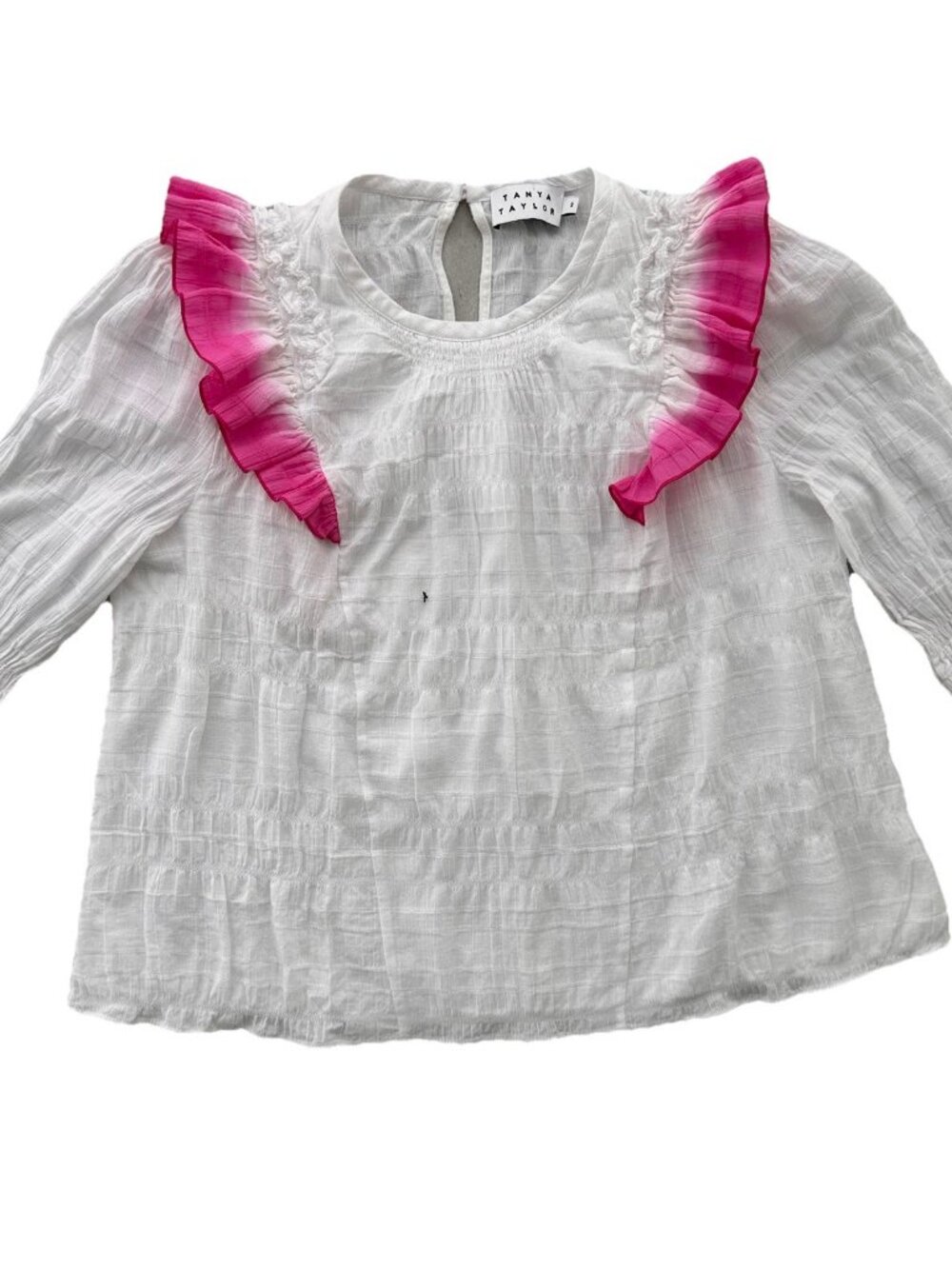 Tanya Taylor White Gauzy Cotton Blouse Size 2 Ombre Ruffle